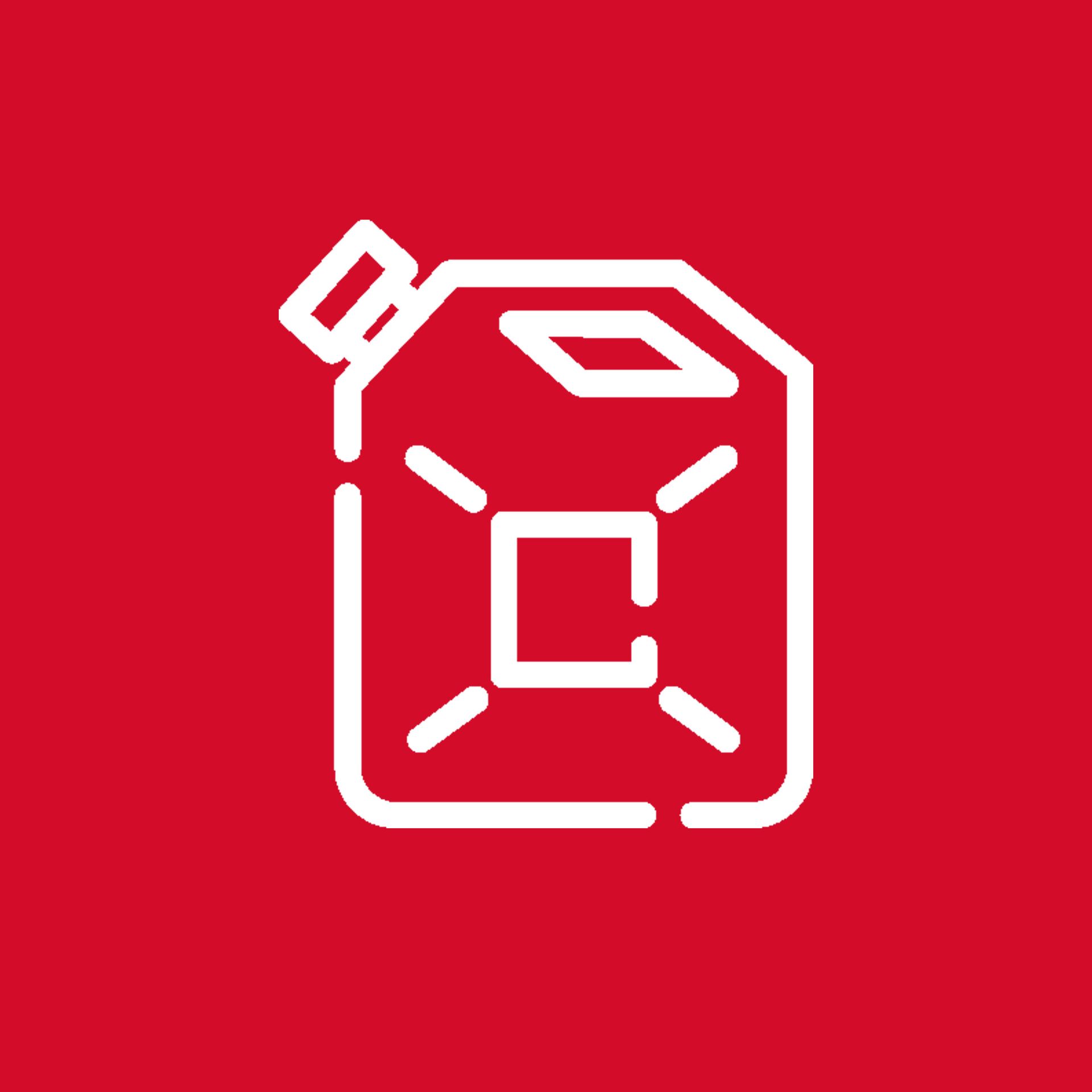 Ein weißes Liniensymbol eines Benzinkanisters auf rotem Hintergrund.