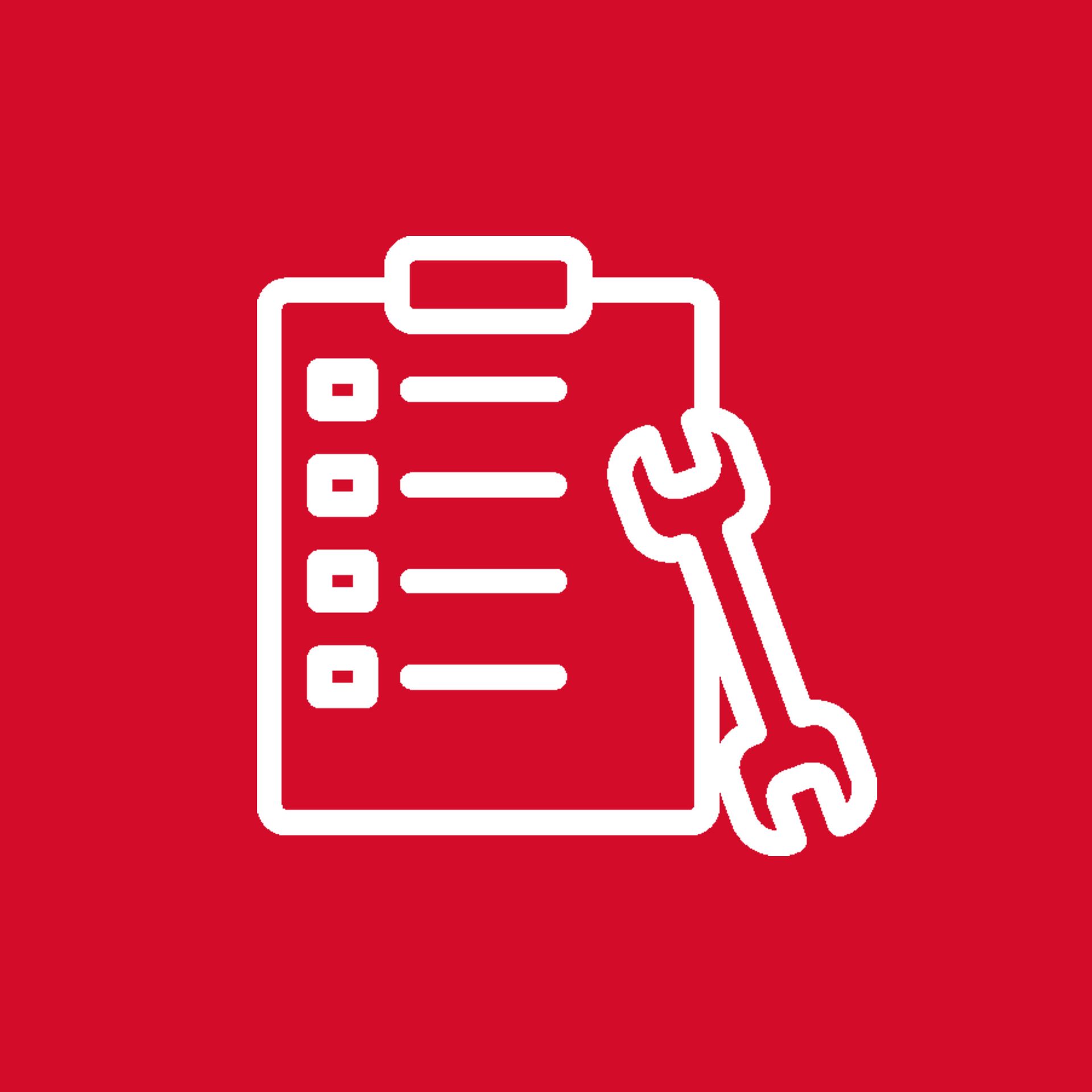 Ein Klemmbrett mit einem Schraubenschlüssel darauf auf rotem Hintergrund.