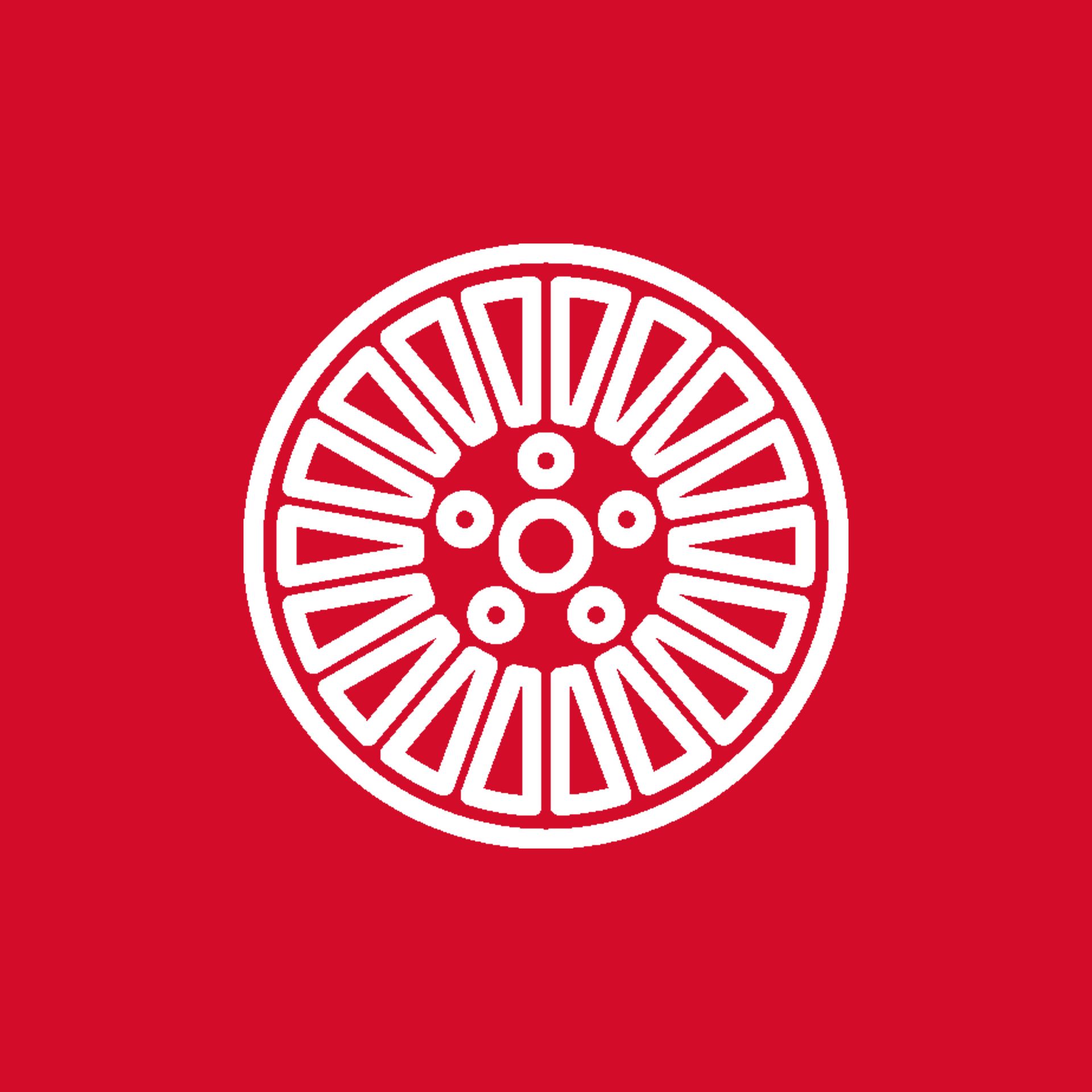 Ein weißes Radsymbol auf rotem Hintergrund.