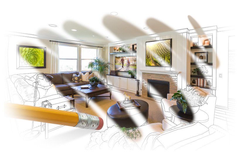 Un crayon révèle une esquisse d'une pièce de vie