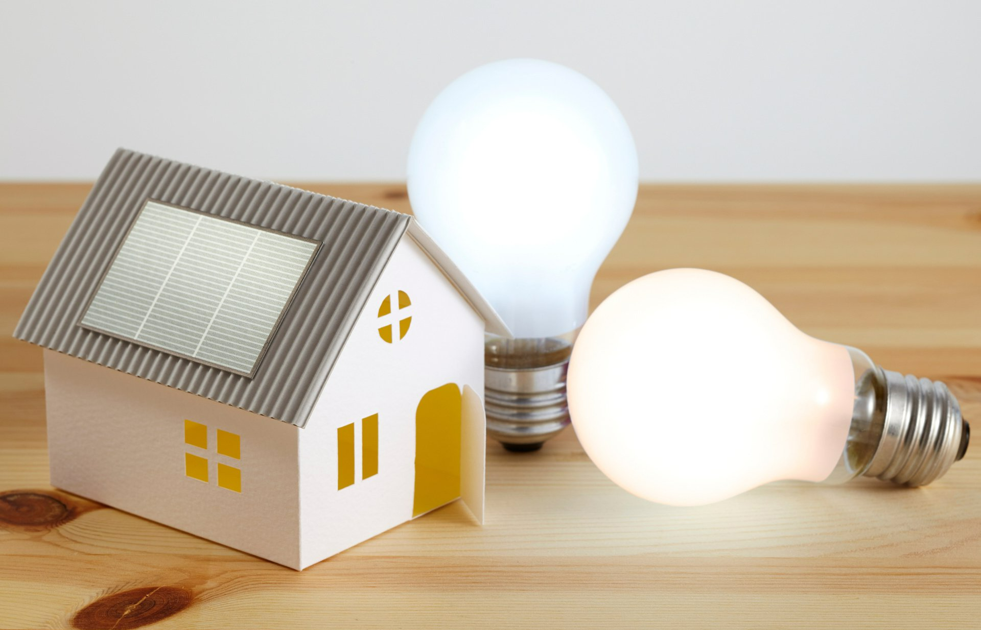 Miniature de maison en carton et deux ampoules