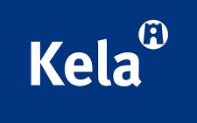 Kelan logo sinisellä pohjalla. Valkoinen teksti  jossa lukee KELA