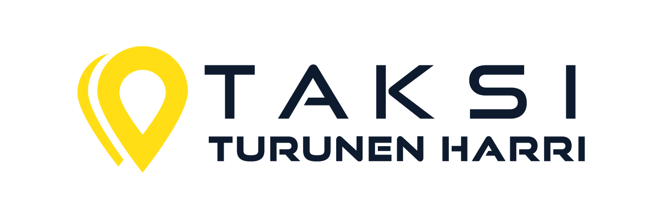 Taksi Turunen Harrin logo, jossa on keltainen sijaintimerkki ja tummanharmaa teksti.
