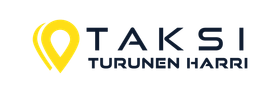 Taksi Turunen Harrin logo, jossa on keltainen sijaintimerkki ja tummanharmaa teksti.