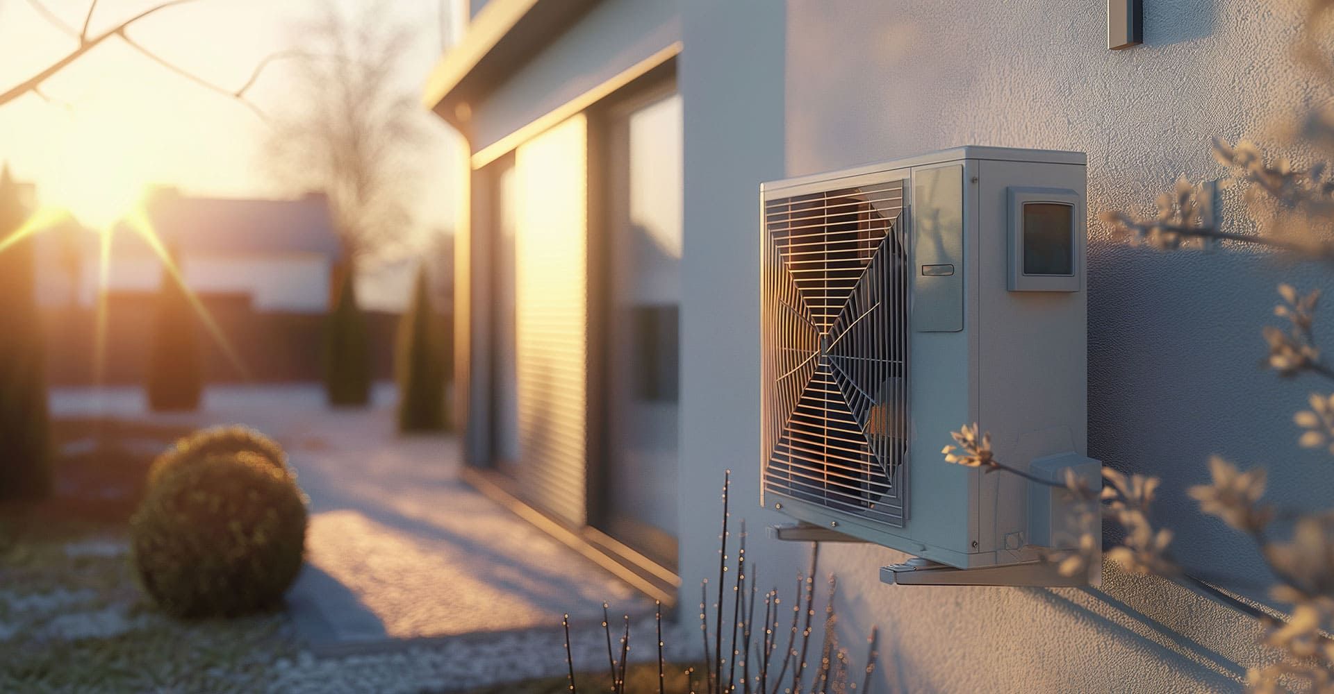 Extérieur ensoleillé d'une maison moderne avec un climatiseur mural