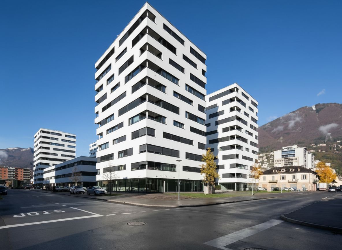 Un edificio adibito a uffici commerciali su più piani, caratterizzato da una moderna facciata in cemento e file orizzontali di finestre con vetri oscurati.