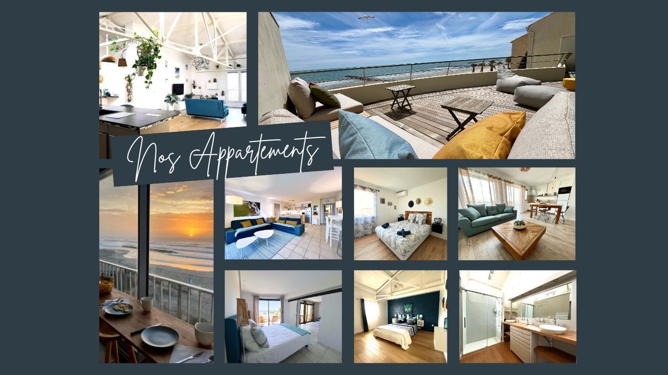 Appartements haut de gamme à Carnon, vue mer, terrasses, décoration moderne, intérieurs lumineux et confortables.