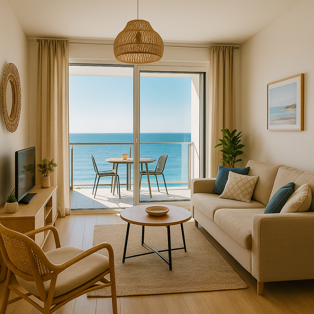 Intérieur d’un appartement bord de mer, avec déco soignée ou vue terrasse