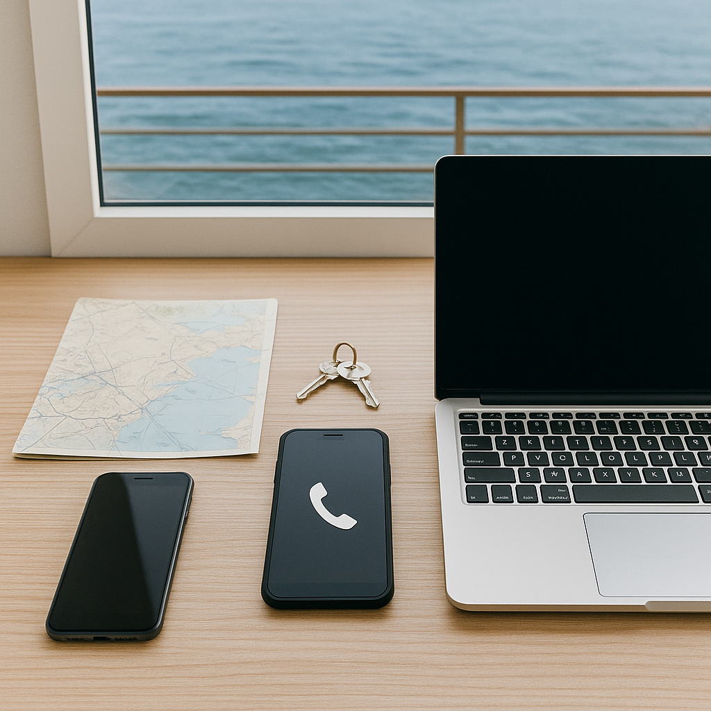 Espace de travail minimaliste avec ordinateur portable, téléphone et clés, vue sur la mer – Contact Conciergerie Montpellier Plages