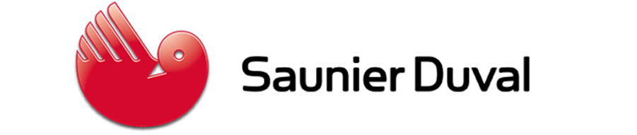 Logo de Saunier Duval présentant une icône d'oiseau rouge stylisée à gauche du nom de la marque en caractères noirs.