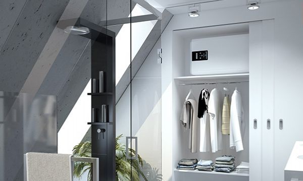 Une chambre mansardée moderne comprend un placard minimaliste avec coffre-fort, une paroi de douche en verre et une étagère avec des plantes.
