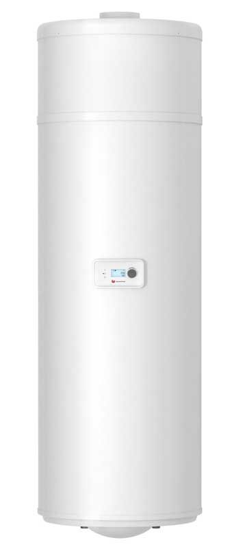Un chauffe-eau électrique cylindrique blanc avec un petit écran de commande numérique en façade.