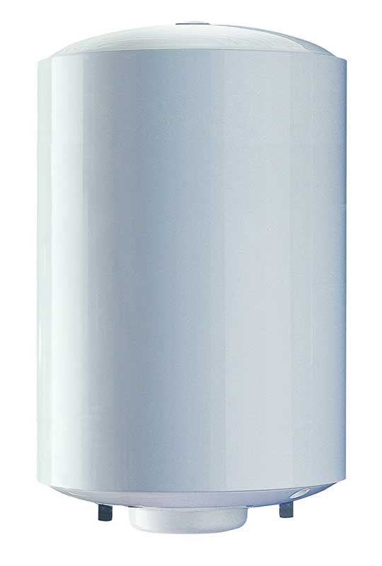 Un chauffe-eau électrique cylindrique blanc se détache sur un fond blanc uni.