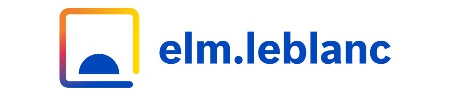 Le logo elm.leblanc présente un demi-cercle bleu à l'intérieur d'un carré coloré à bordure dégradée, avec le nom de la marque en bleu.