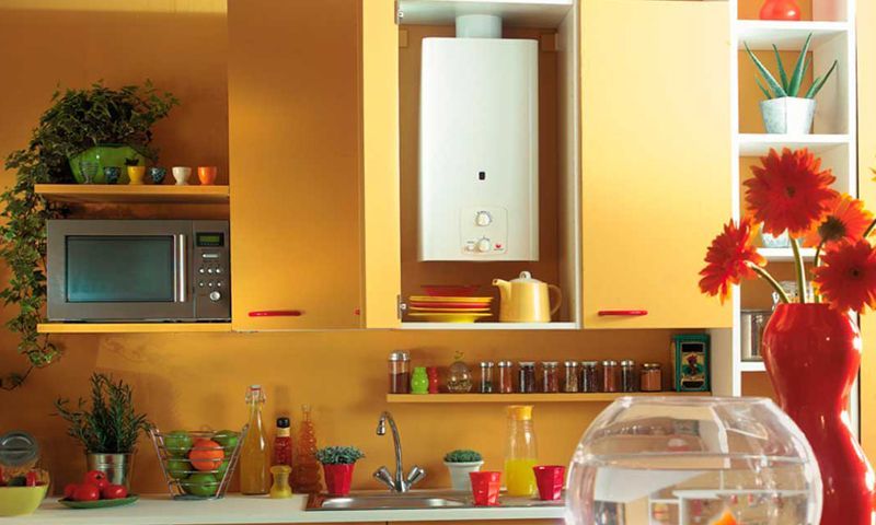 Une cuisine lumineuse avec des placards jaunes, un chauffe-eau mural, un micro-ondes et des fleurs dans un vase rouge.