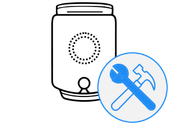 Une icône représentant un distributeur d'eau associée à un badge circulaire bleu contenant une clé et un marteau, indiquant une opération de maintenance.