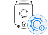 Dessin au trait d'une bonbonne d'eau associée à une icône d'engrenage bleue à l'intérieur d'un cercle, représentant la configuration ou les paramètres.