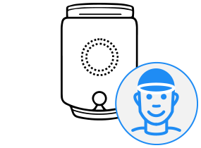 Un dessin au trait d'un distributeur de boissons à côté d'une icône circulaire bleue représentant une personne souriante stylisée.