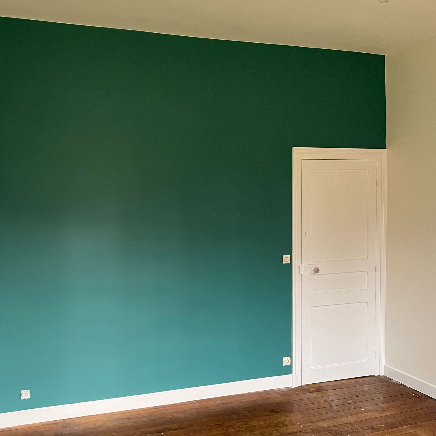 Mur d'accent vert et porte blanche dans une pièce avec planchers de bois franc.