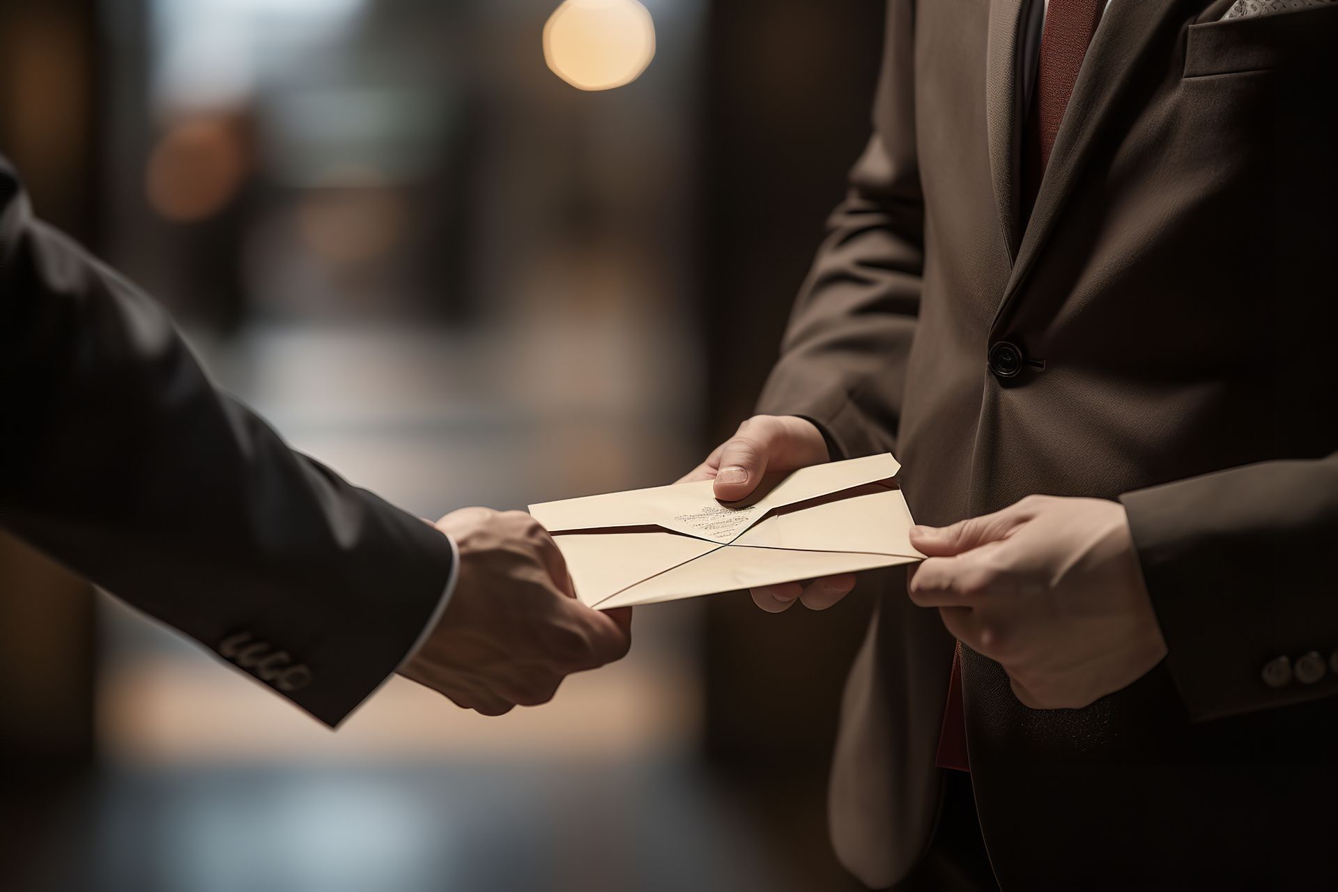 Photo d'une personne donnant une envelloppe à une autre personne