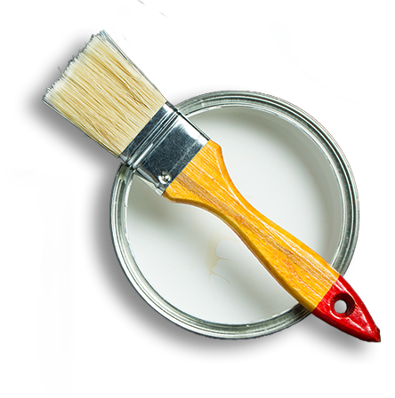 Ein Pinsel ruht auf einer offenen Dose weißer Farbe.