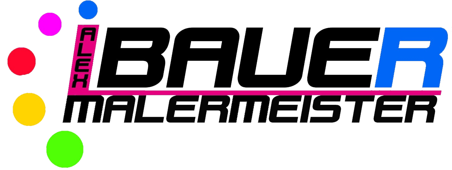 Logo für Alex Bauer, Malermeister. Schwarze Schrift auf weißem Grund, violette Linie unter dem Text, farbige Punkte.