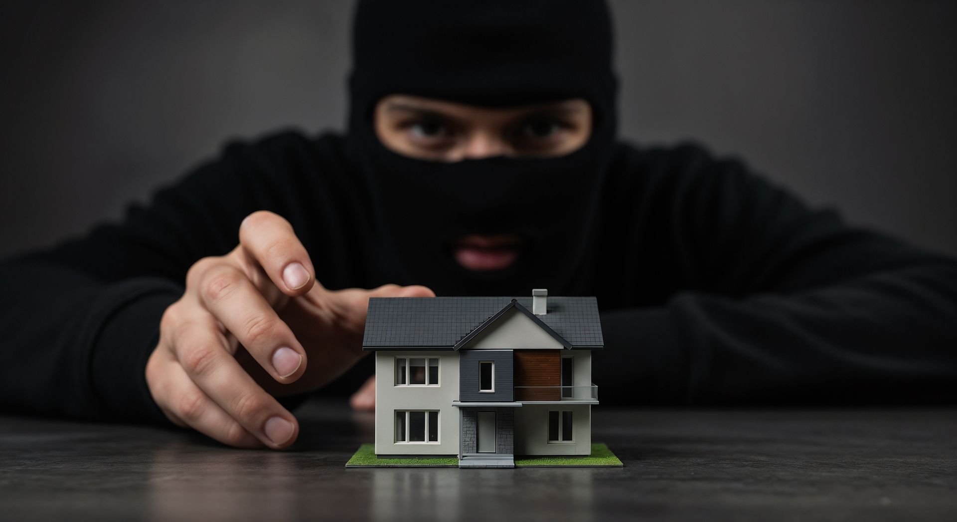 Maskierter Mann greift nach Modellhaus