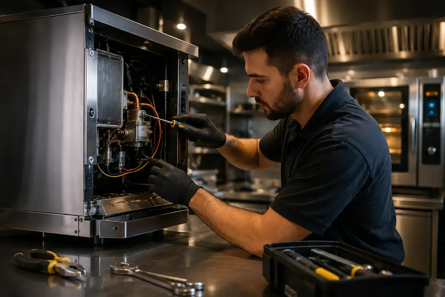 Técnico reparando una máquina de café espresso abierta