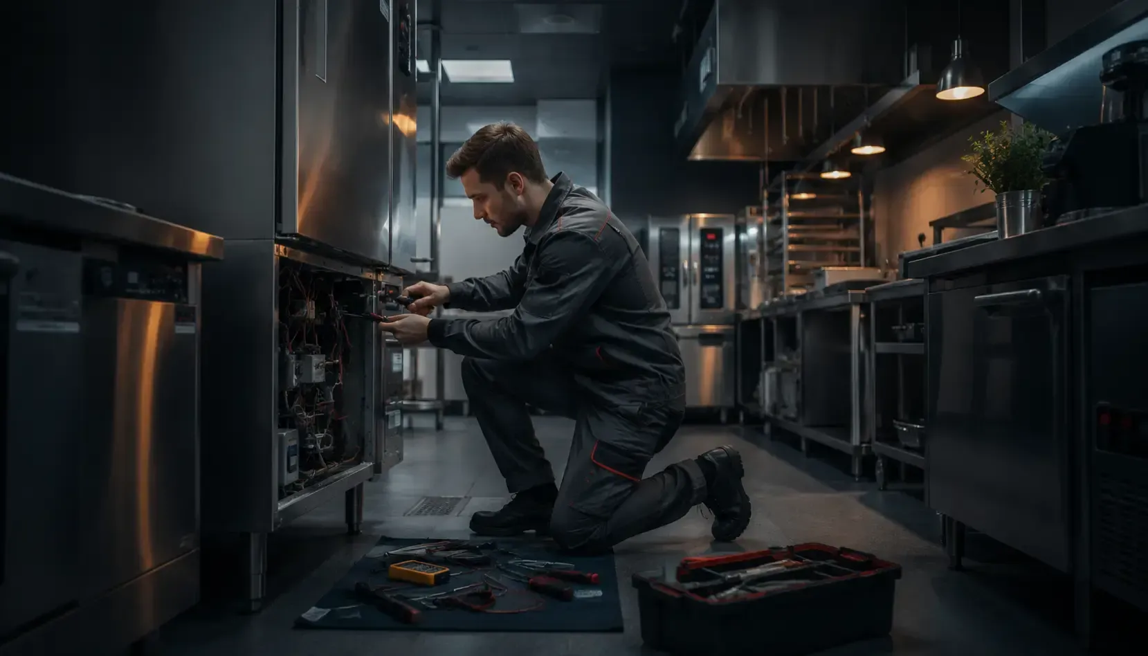 Un mecánico arrodillado en una cocina con poca luz, reparando equipos entre herramientas y electrodomésticos abiertos.