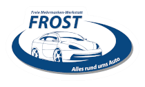Logo für das Autohaus Frost mit einem Auto in der Mitte.