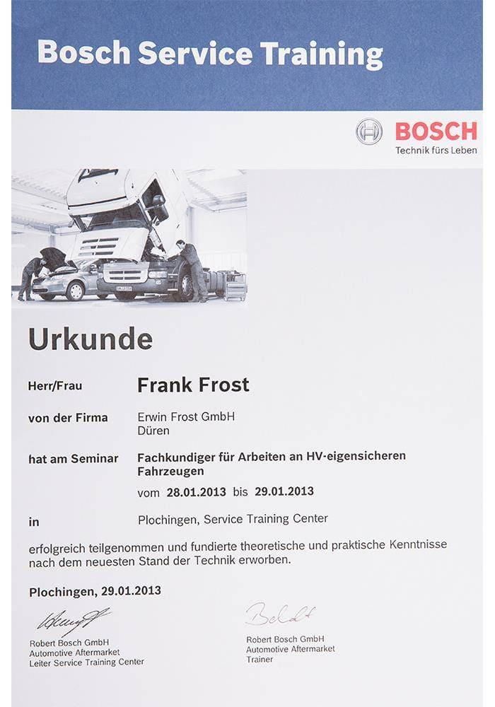 Ein Bosch Service-Schulungszertifikat für Frank Frost