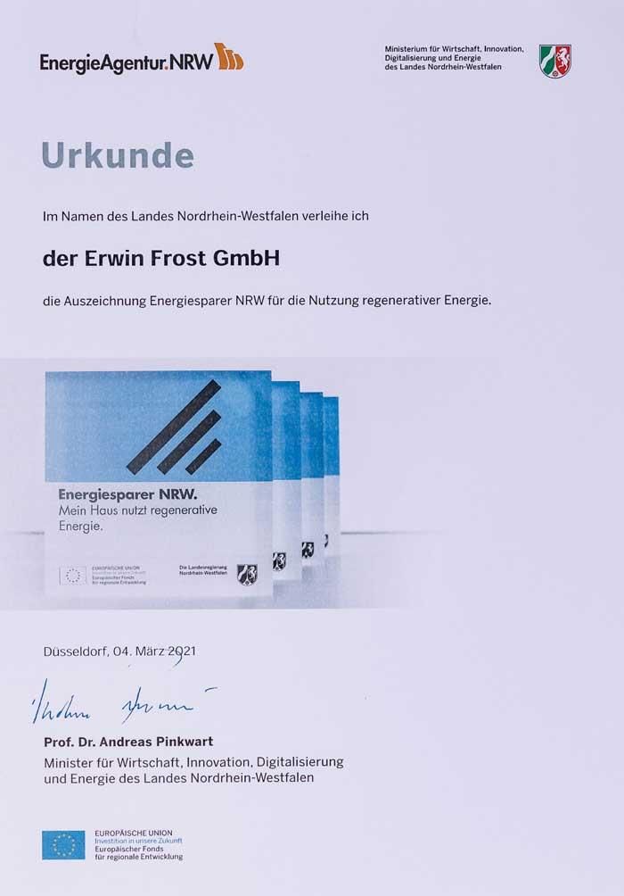 Eine Bescheinigung mit der Aufschrift „Urkunde der Erwin Frost GmbH“