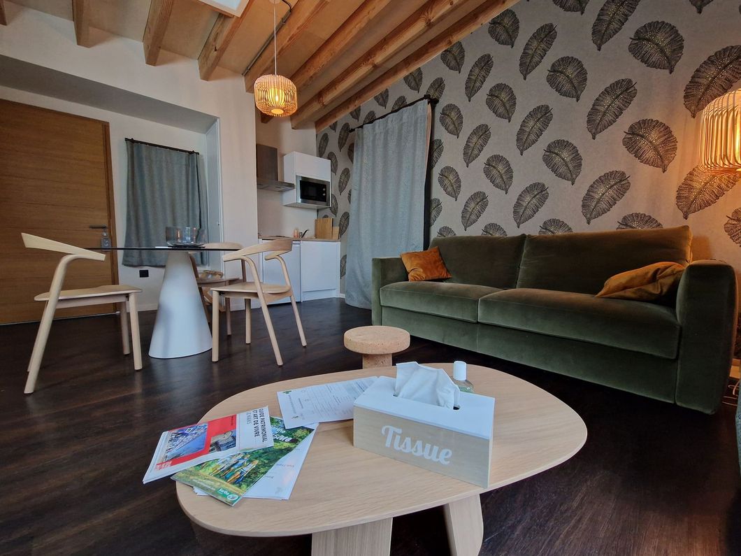 Salon avec canapé en daim vert