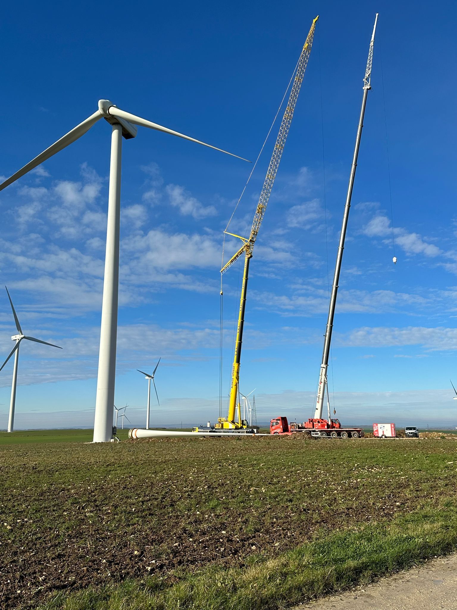 Grue et camion grue dans un parc éolien