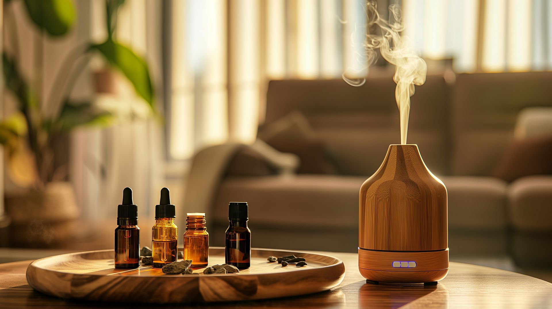 Diffuseur d'huiles essentielles avec plusieurs flacons sur un plateau