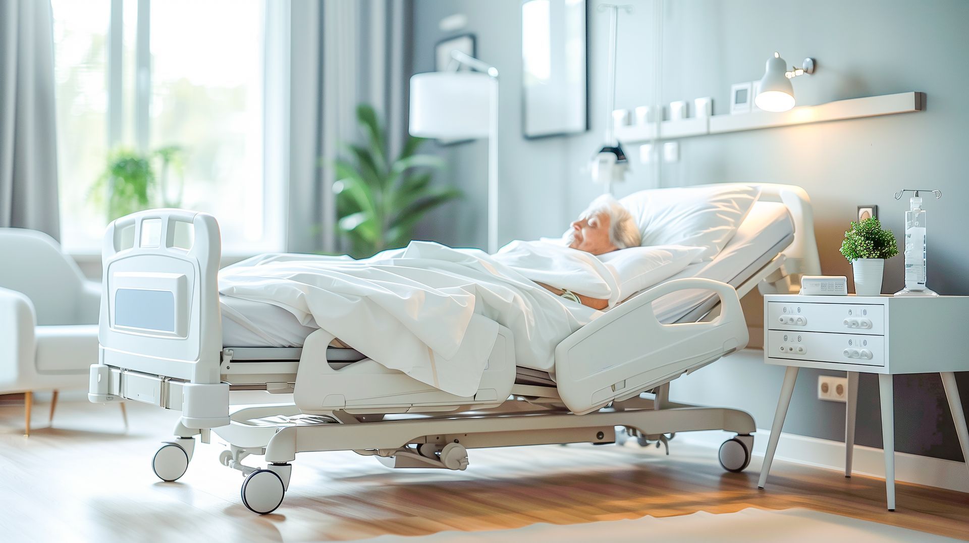 Femme âgée dans un lit médicalisé