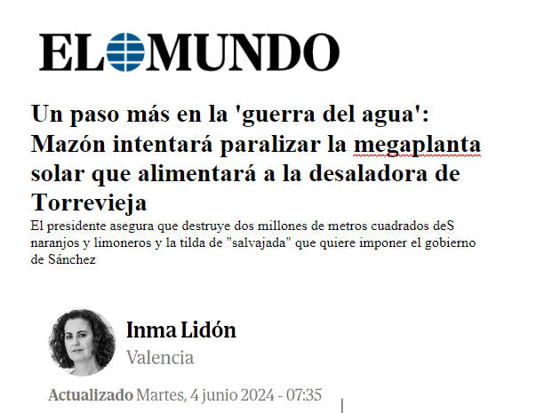 Newspaper headline: Mazón to stop solar plant for Torrevieja desalination. Photo of Inma Lidón.