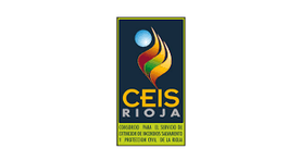 Logotipo de CEIS Rioja, rectángulo azul oscuro con diseño de llamas en amarillo, rojo y verde; esfera azul; texto amarillo.