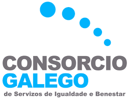 Logotipo de Consorcio Galego con puntos azules y texto en gris y azul, 