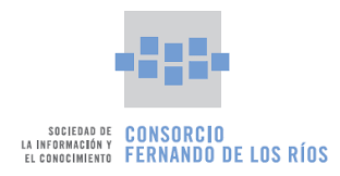 Logotipo del Consorcio Fernando de los Ríos: cuadrados azules en forma de corazón sobre un cuadrado gris; texto debajo.
