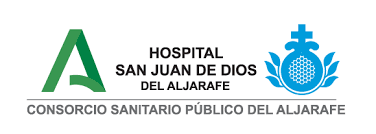Logotipo del Hospital San Juan de Dios del Aljarafe, A verde, texto y emblema azul sobre fondo blanco.