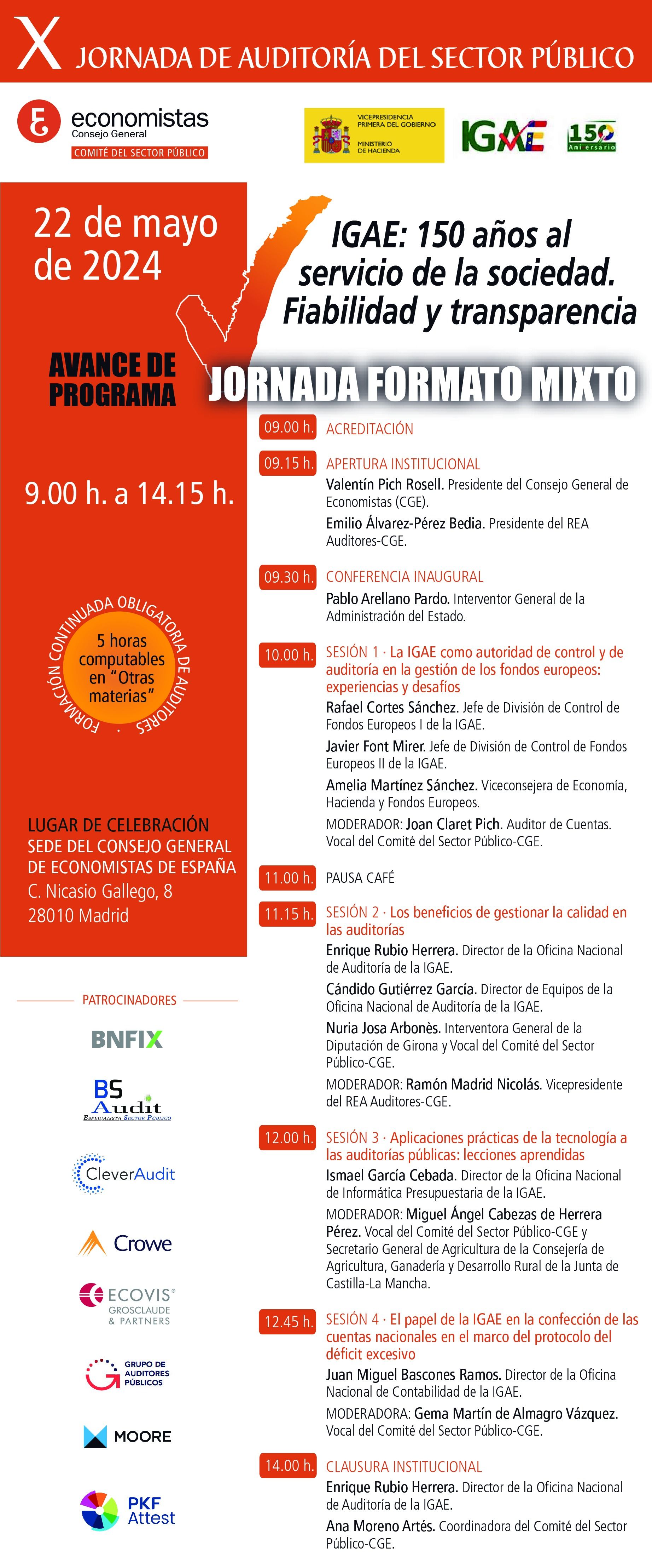 Folleto promocional con texto y logotipos, principalmente en color naranja. Contiene información sobre el evento 