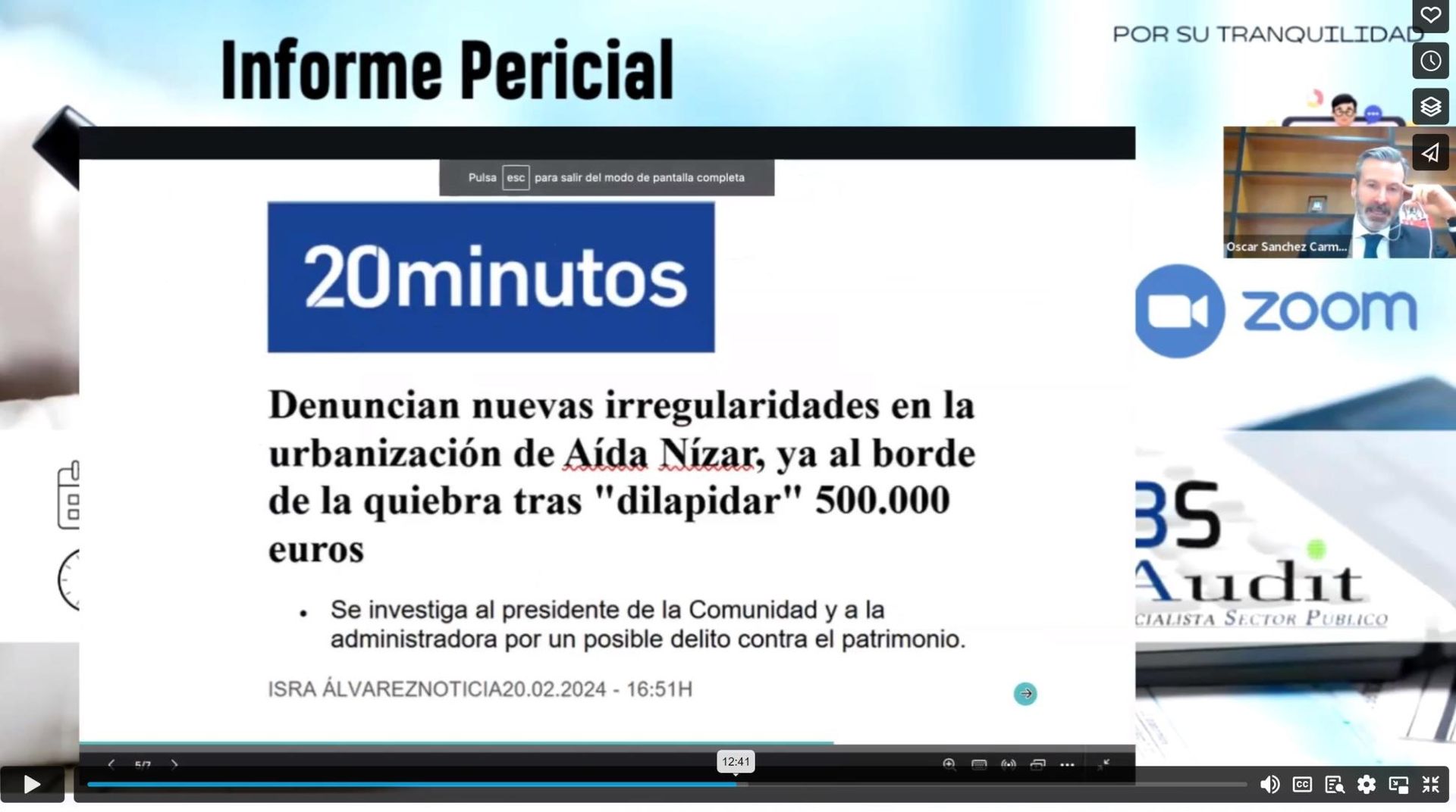 Diapositiva de presentación sobre irregularidades en la urbanización de Aida Nizar. Incluye un titular de noticias de 20minutos. Videollamada de Zoom en la esquina.