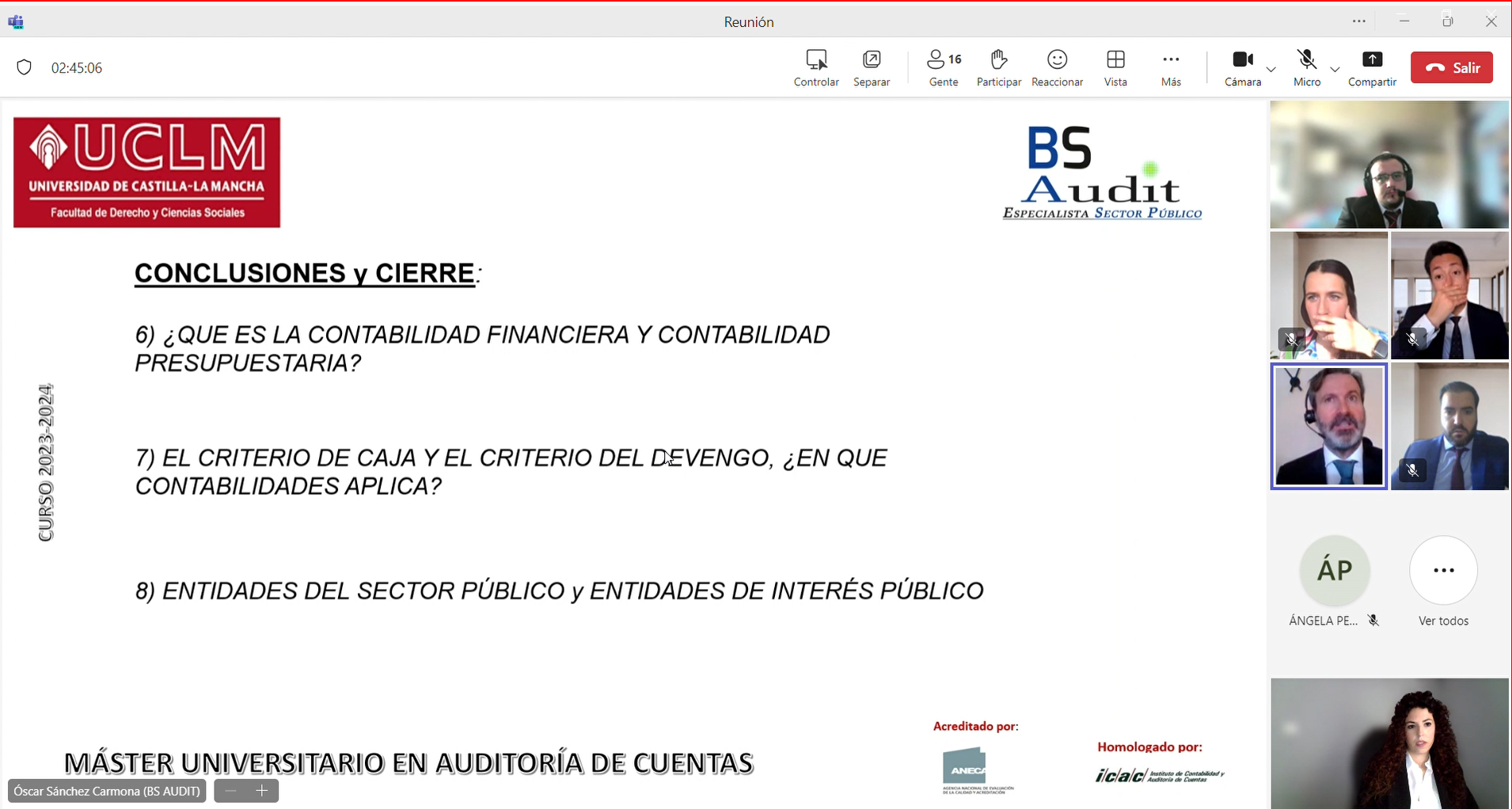 Captura de pantalla de una presentación con videollamada, donde se muestran el orador y los participantes.