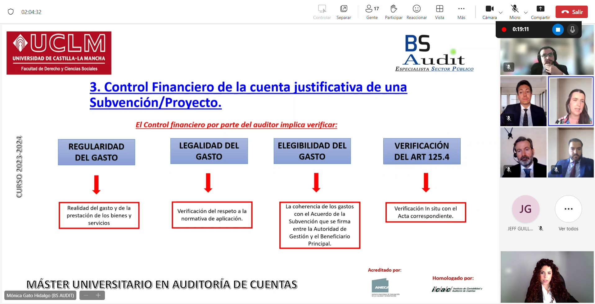 Diapositiva de presentación sobre el control financiero de un proyecto de subvención, con diagramas y una videoconferencia de los participantes.