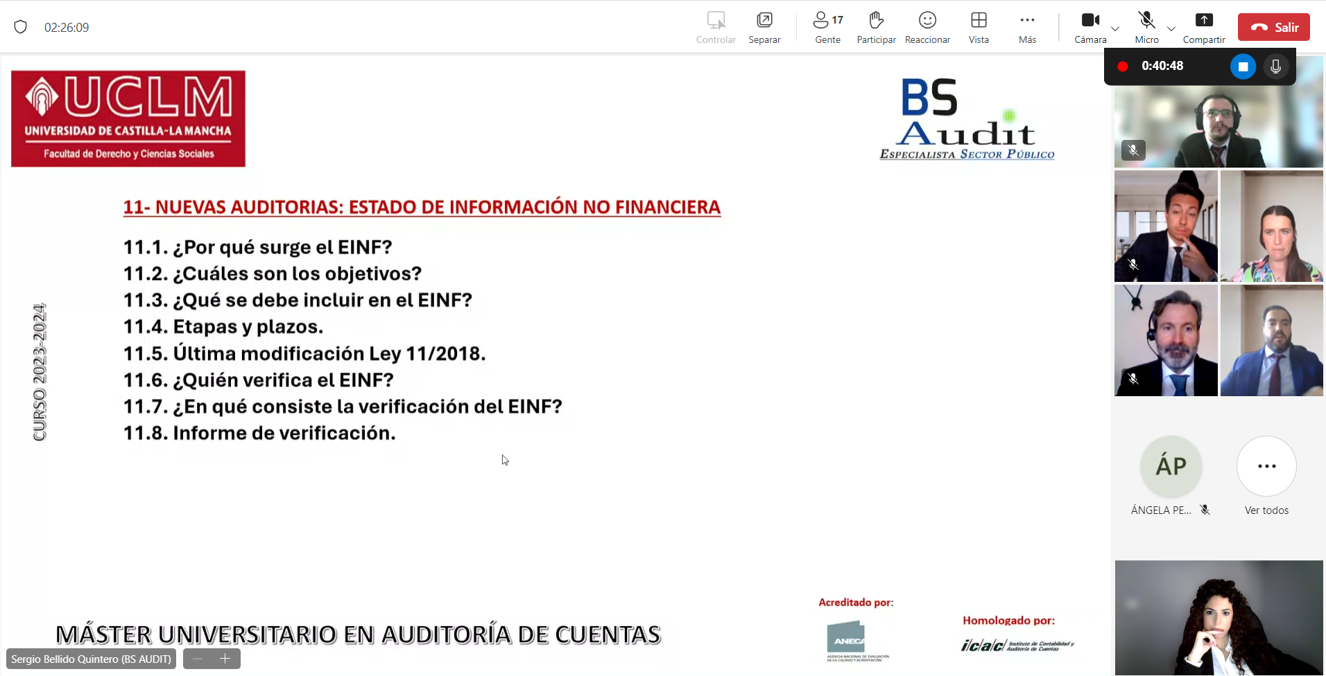 Diapositiva de presentación con el logotipo de UCLM y el logotipo de BS Audit, que muestra una lista de temas con una videoconferencia a la derecha.