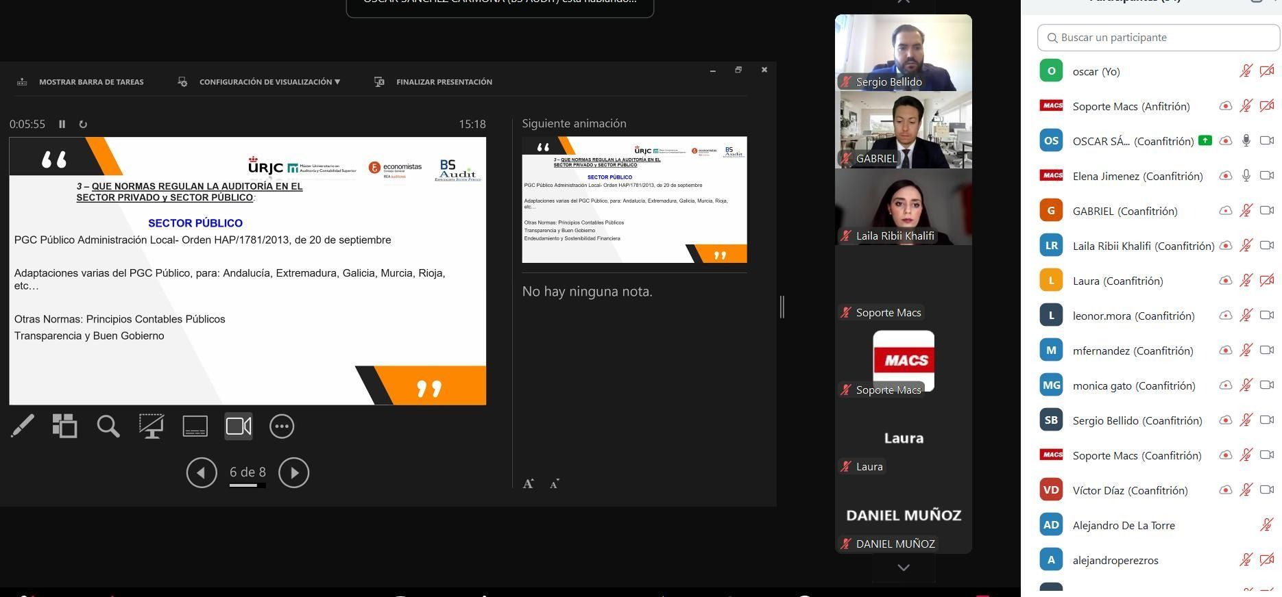 Presentación con pantalla compartida durante una videoconferencia. Se ven tres participantes.