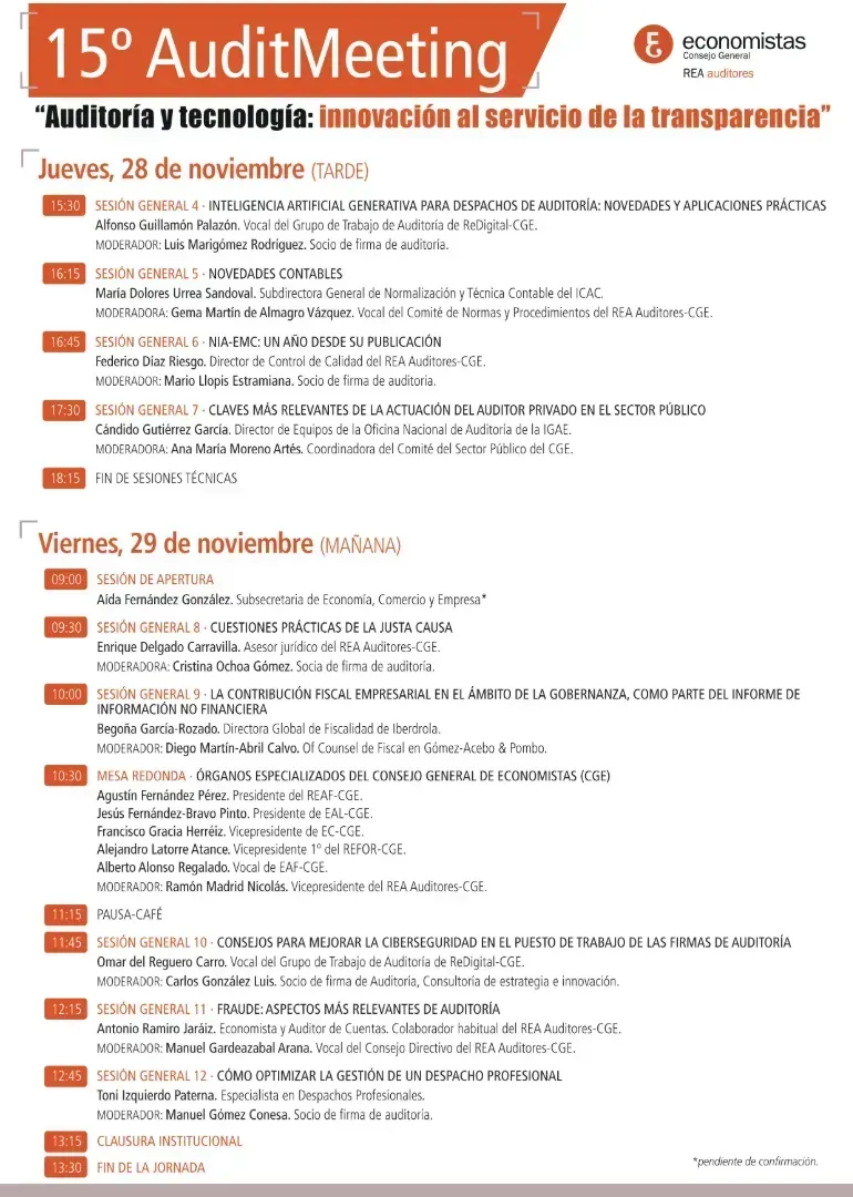 Orden del día de la 15ª reunión de auditoría con título del evento y programa detallado para los días 28 y 29 de noviembre.