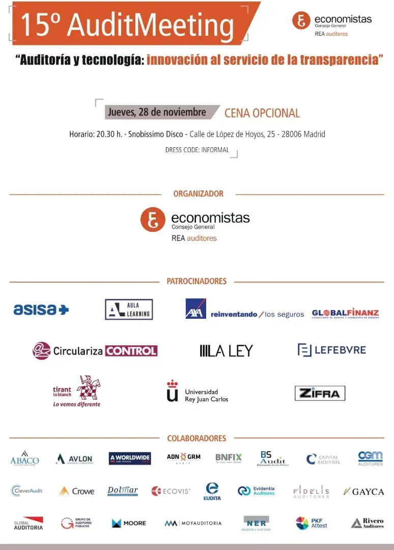 Folleto promocional de la 15ª conferencia AuditMeeting, con la lista de patrocinadores y detalles del evento.