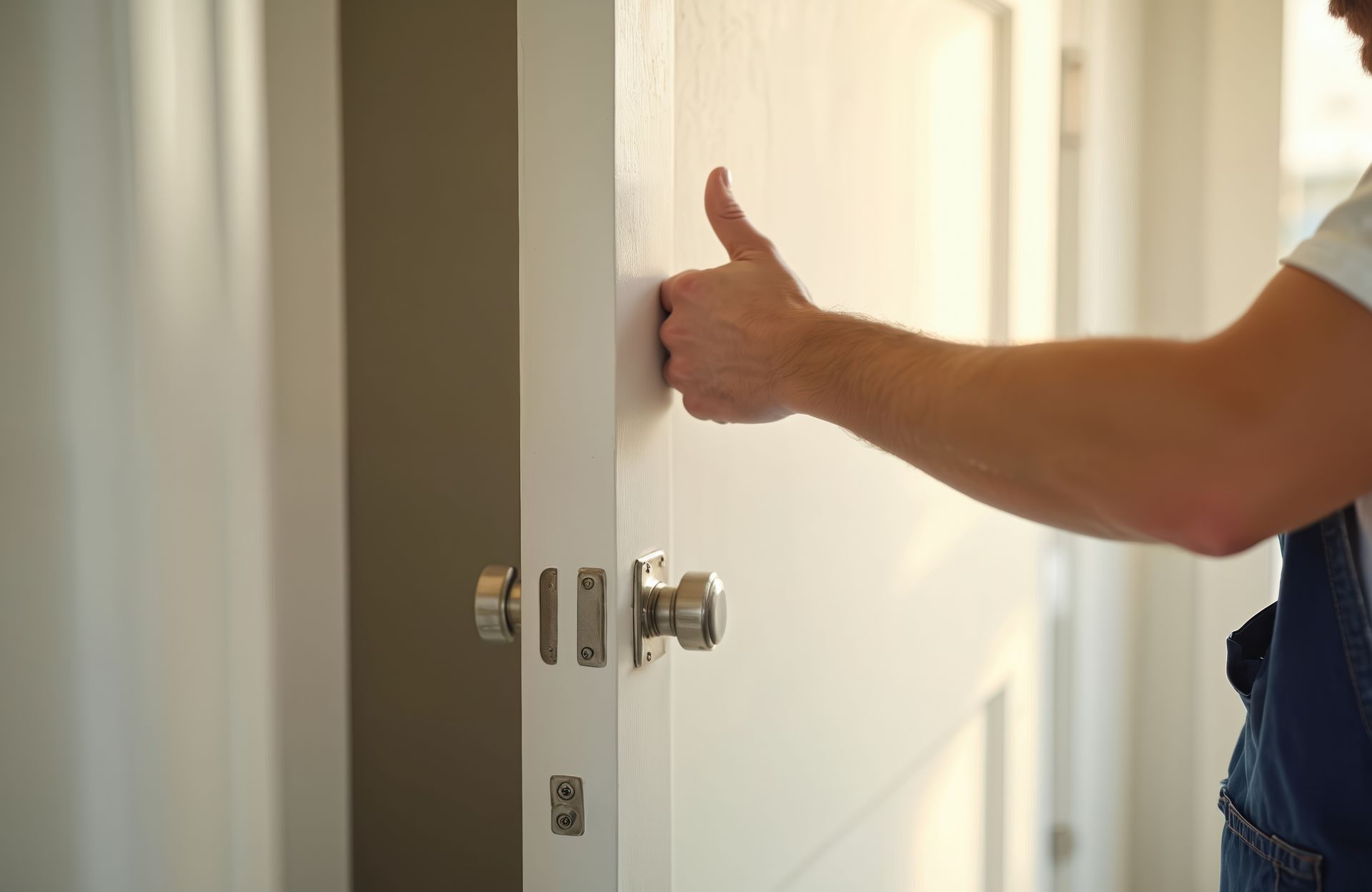 Une personne fait un signe de pouce levé à côté d'une porte blanche avec une poignée argentée.